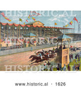 Historical Illustration of Excited Crowds Watching a Horse Race at the Brighton Beach Race Course in New Jersey by Al