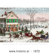 Historical Illustration of Four Horse Drawn Sleighs Racing down a Street in Front of a Home While People Watch or Ice Skate in the Background by Al