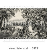 Historical Illustration of Four Male Campers Sitting Around a Fire with Their Horses in the Background by Al