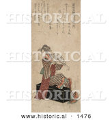 Historical Illustration of Geisha Woman Sitting on a Trunk and Holding a Fan by Al