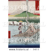 Historical Illustration of Herons Flying near Japanese Men Riding Rafts on the Sagami River with a View of Mt Fuji, Japan in the Background by Al