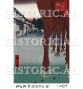 Historical Illustration of Horses Parked near Japanese Shops by Al