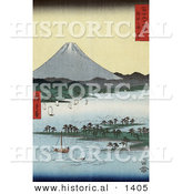 Historical Illustration of Japanese Sailboats Around Pine Grove on Promontory near Mt Fuji, Suruga Bay, Miho, Japan by Al