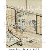 Historical Illustration of Japanese Samurai Warrior Chasing Men in a Building by Al