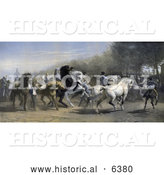 Historical Illustration of Men Walking with and Riding Black, Brown and White Horses at a Horse Fair by Al