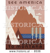 Historical Illustration of Native American Tipis and Rock Art by a River and Mountains in Montana by Al