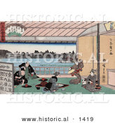 Historical Illustration of Pretty Geisha Women Entertaining Japanese Men with Dance and Music in a Teahouse by Al