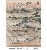 Historical Illustration of Rain over Lake Biwa and Karasaki Pine, Japan by Al