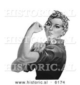 Historical Illustration of Rosie the Riveter Flexing Left Bicep - Black and White Version by Al