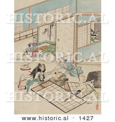 Historical Illustration of Samurai Warriors Combating Inside a Japanese Building by Al