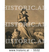 Historical Illustration of Shepherd in the Wind with His Dog and Sheep by Al