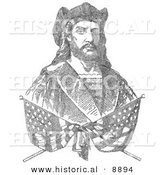 Historical Illustration of Two Crossed American Flags over a Portrait of Christopher Columbus Which Is Composed of 41,819 Letters Representing the Biography of Columbus - Black and White Version by Al