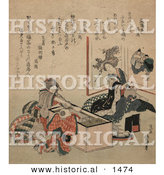 Historical Illustration of Two Geisha Women and a Child at a Tea Party by Al