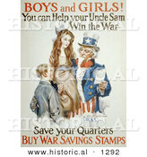 Historical Illustration of Uncle Sam: Boys and Girls! You Can Help Win the War - Save Your Quarters - Buy War Savings Stamp by Al