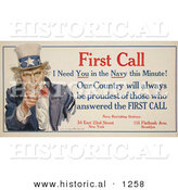 Historical Illustration of Uncle Sam: First Call I Need You in the Navy This Minute! Our County Will Always Be Proudest of Those Who Answered the First Call by Al