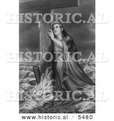 Historical Illustration of Woman Resting Against a Wooden Cross While in Stormy Sea - Black and White Version by Al