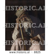 Historical Image of a Tired Senior Arab Man Sitting and Leaning Against His Cane, Yemen by Al