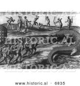 Historical Image of Native American Indians Killing Giant Alligators - Black and White Version by Al