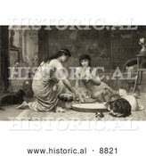 Historical Image of Two Young Women Feeding Kittens and Cats Around a Large Saucer by Al