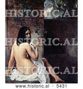 Historical Painting of a Beautiful Nude Young Female Bather Draped in a Cloth, Looking Back over Her Shoulder by Al