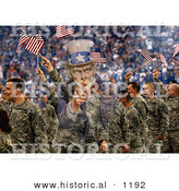 Historical Photo Illustration of Uncle Sam Composited over Soldiers Waving American Flags in the Background by Al