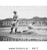 Historical Photo of a Baseball Player Sliding for Third Base While Baseman Waits for the Ball - Black and White Version by Al