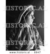 Historical Photo of a Ramallah Woman Wearing a Dowry Coin Headdress - Black and White Version by Al