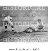 Historical Photo of Baseball Player Sliding for Third Base As a Fielder Reaches for the Ball - Black and White Version by Al