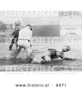 Historical Photo of Baseball Umpire Watching a Runner Sliding to Base Before Being Tagged - Black and White Version by Al
