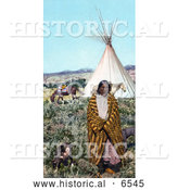 Historical Photo of Crow Native American Indian Man Draped in a Blanket, Standing with His Dogs near a Tipi and Horses on the Great Plains, Taken in 1902 by Al