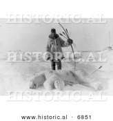 Historical Photo of Male Eskimo Hunter Carrying Bow and Arrows, Standing over a Dead Polar Bear - Native American Indian - Black and White Version by Al