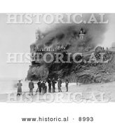 Historical Photo of People on the Beach near the Cliff House As It Burns down in 1907 - Black and White Version by Al