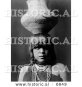 Historical Photo of Pueblo San Ildefonso Girl Balancing a Jar on Her Head 1927 - Native American Indian - Black and White Version by Al