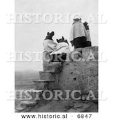 Historical Photo of the Backs of Four Hopi Native American Women Seated on a Roof at the Top of Stairs on a Walpi Pueblo, 1904 - Black and White Version by Al