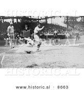Historical Photo of Umpire Waiting As a Runner Slides onto Home Base - Black and White Version by Al