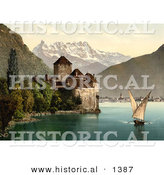 Historical Photochrom of a Boat and Dents Du Midi by Chillon Castle by Al