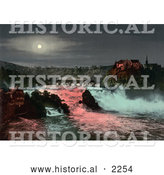 Historical Photochrom of a Bridge, Rhine Falls and Laufen Castle at Night by Al