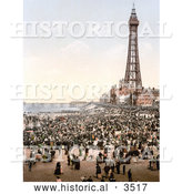 Historical Photochrom of a Busy Beach, North Pier and Royal Hotel near the Tower in Blackpool, Lancashire, England by Al
