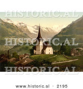 Historical Photochrom of a Church and Swiss Alps, Frutigen, Switzerland by Al