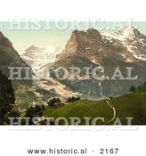 Historical Photochrom of a Church with a View of Eiger Mountain Baregg Glacier by Al