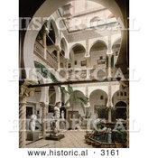 Historical Photochrom of a Courtyard with Trees, Statues and Fountains, Algiers, Algeria by Al