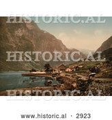 Historical Photochrom of a Cow and Village, Gudvangen, Sognefjord, Norway by Al