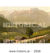 Historical Photochrom of a Dirt Road and Houses by Mountains, Switzerland by Al