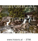Historical Photochrom of a Footbridge Spanning the Upper Falls Waterfalls in Glen Lyn Gorge in Lynton and Lynmouth Devon England UK by Al
