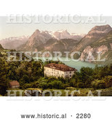 Historical Photochrom of a Hotel near Lake Lucerne, Switzerland by Al