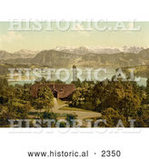 Historical Photochrom of a House on Lake Lucerne, Swiss Alps in the Background by Al