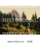Historical Photochrom of a Man and Well House near Wetterhorn Mountains by Al