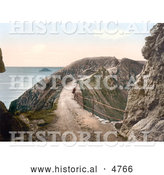 Historical Photochrom of a Man Leaning Against the Railing on La Coupee Isthmus in Sark, England by Al