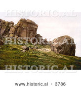 Historical Photochrom of a Man Looking down from the Cliff over Two People at Cow and Calf Rocks in Ilkley West Yorkshire England UK by Al