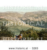 Historical Photochrom of a Man on a Viewpoint Overlooking Zahleh, Lebanon by Al